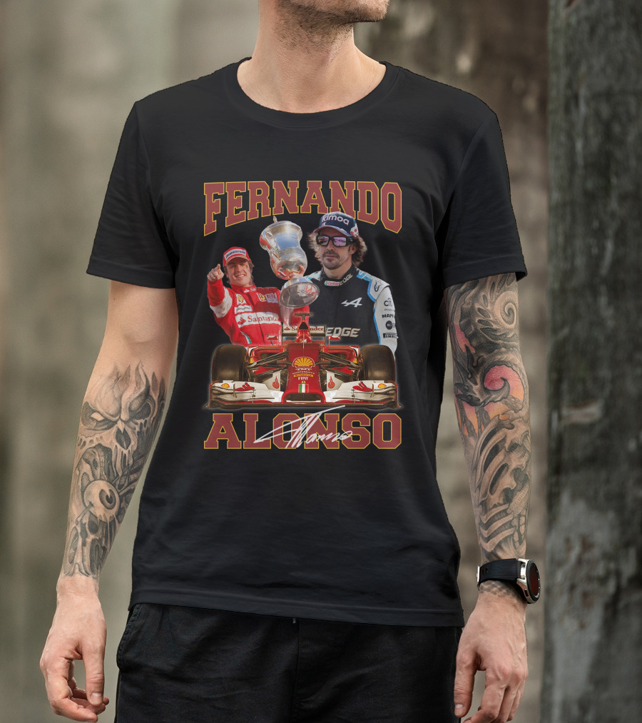 FERNANDO ALONSO F1 RACING LEGEND WITH TROPHY AND CARS T-Shirt