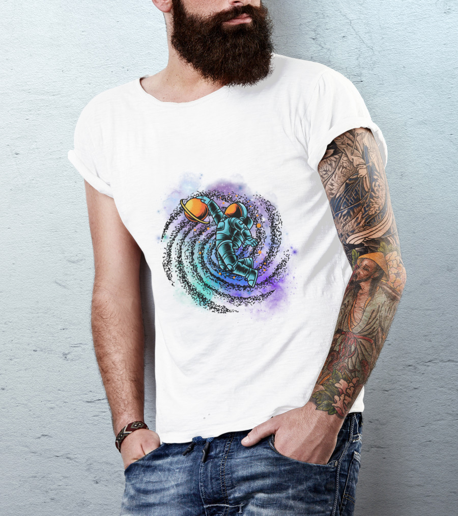 Astronaut Grasping Saturn In Cosmic Swirl 'Conquer The Universe' T-Shirt
