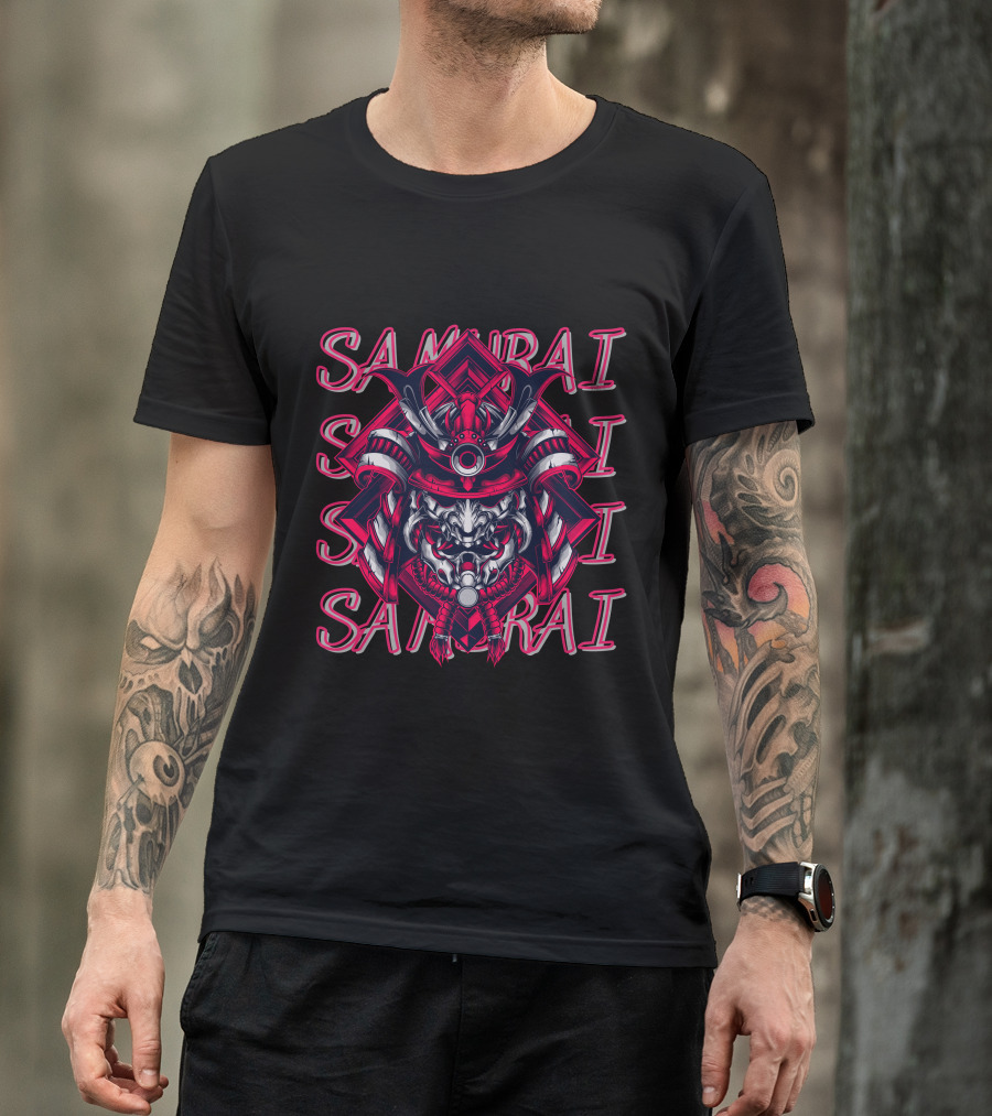 Samurai Warrior Mask With Repeated Samurai Text T-Shirt