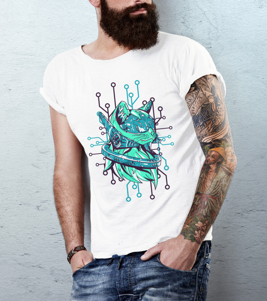 Futuristic Cybernetic Cat With Circuitry Elements T-Shirt