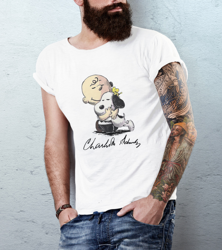Peanuts Charlie Brown Snoopy Woodstock Hug By Charles Schulz T-Shirt