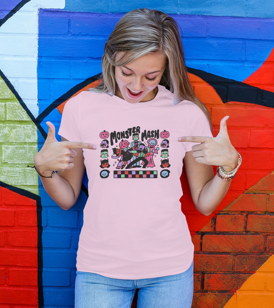 Monster Mash Frankenstein Dracula Ghost Dance Halloween Pumpkins Skulls T-Shirt
