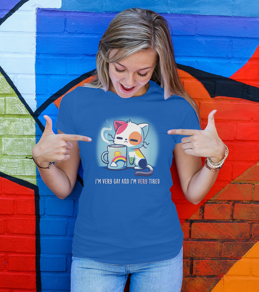 I'm Very Gay And I'm Very Tired Cat With Coffee And Rainbow Sun Cup T-Shirt