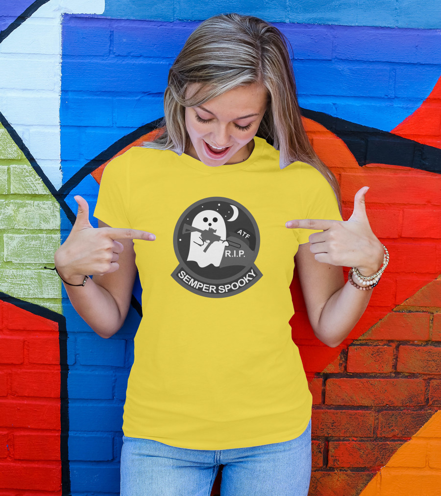 Semper Spooky Ghost With ATF Rifle And RIP Moon Badge T-Shirt
