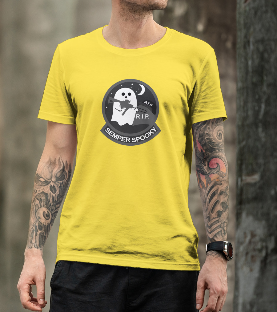 Semper Spooky Ghost With ATF Rifle And RIP Moon Badge T-Shirt