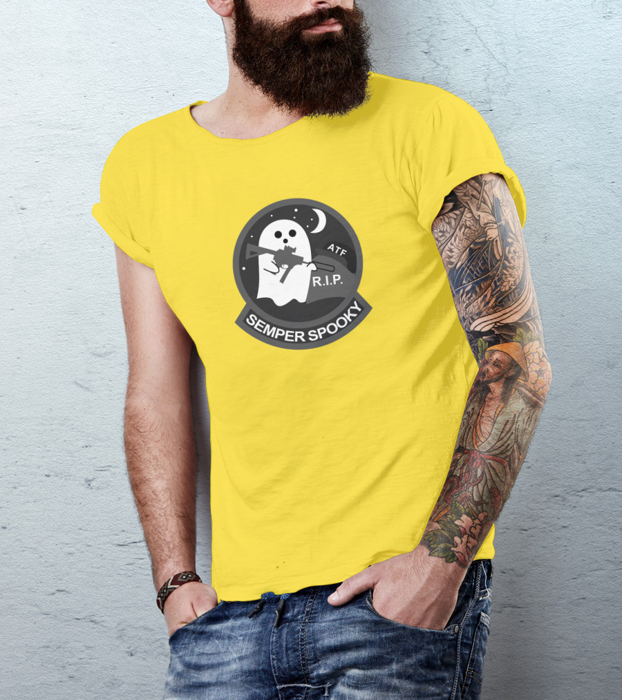Semper Spooky Ghost With ATF Rifle And RIP Moon Badge T-Shirt