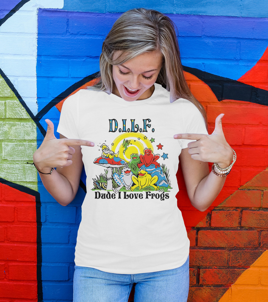D.I.L.F. Dude I Love Frogs Colorful Frog Scene With Stars And Mushrooms T-Shirt