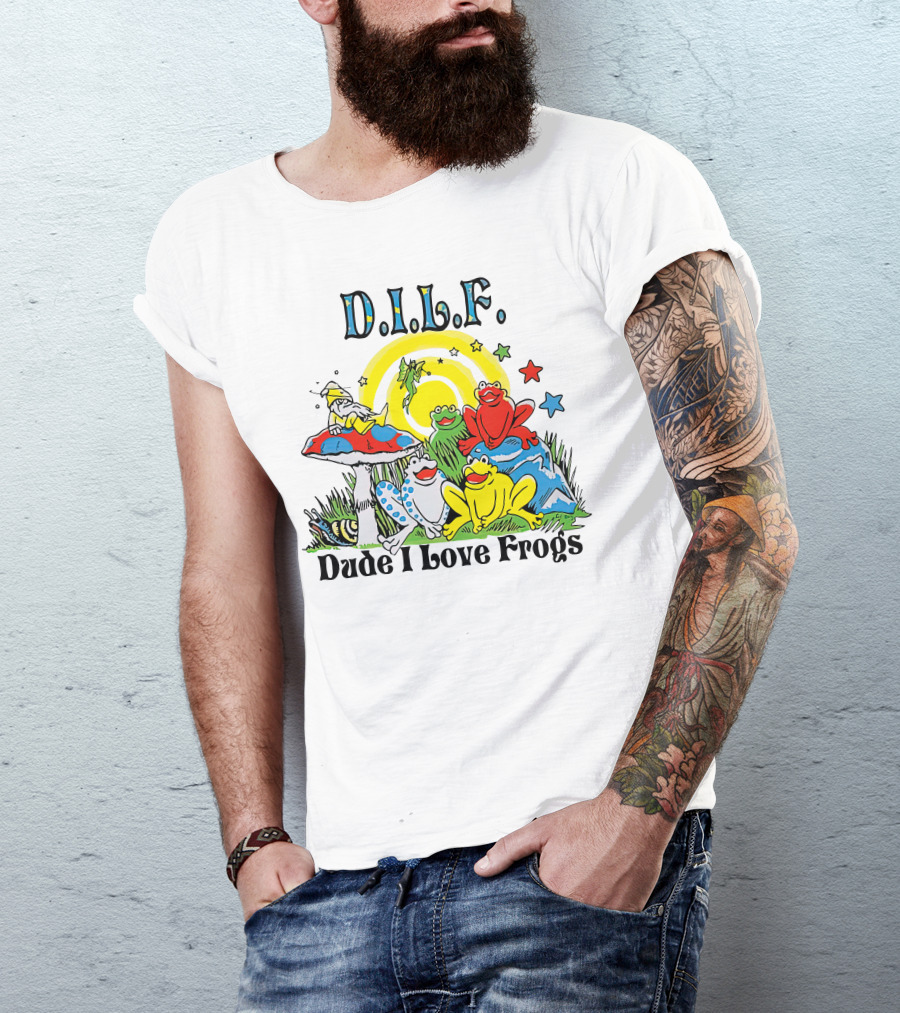 D.I.L.F. Dude I Love Frogs Colorful Frog Scene With Stars And Mushrooms T-Shirt