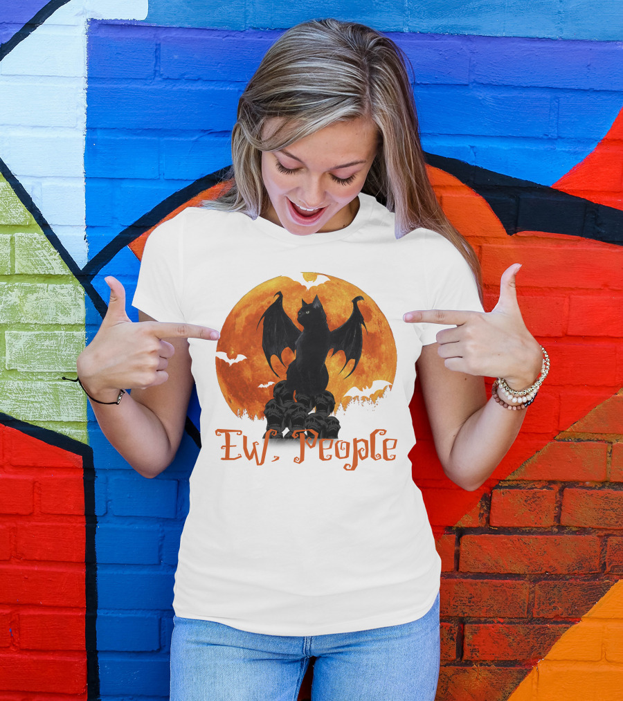 Ew People Black Cat With Bat Wings Halloween Orange Moon T-Shirt