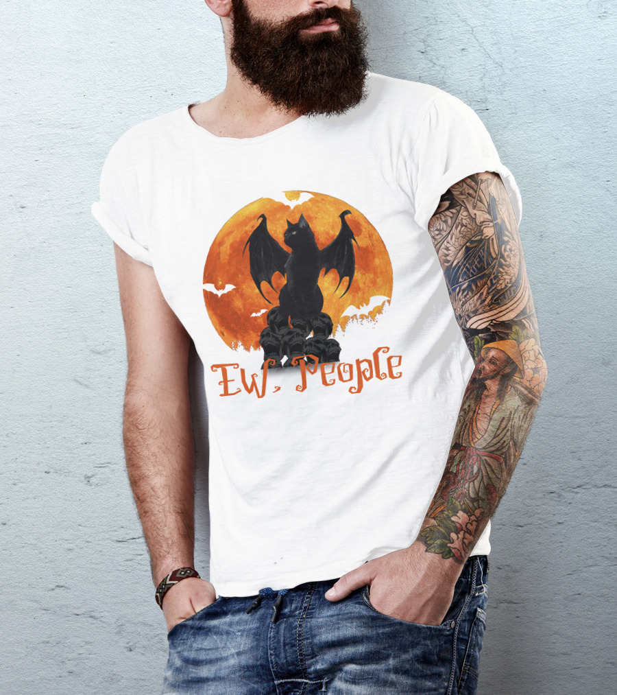 Ew People Black Cat With Bat Wings Halloween Orange Moon T-Shirt