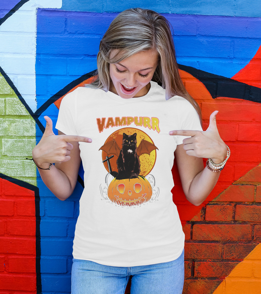 Vampurr Black Cat With Bat Wings And Pumpkin Halloween T-Shirt