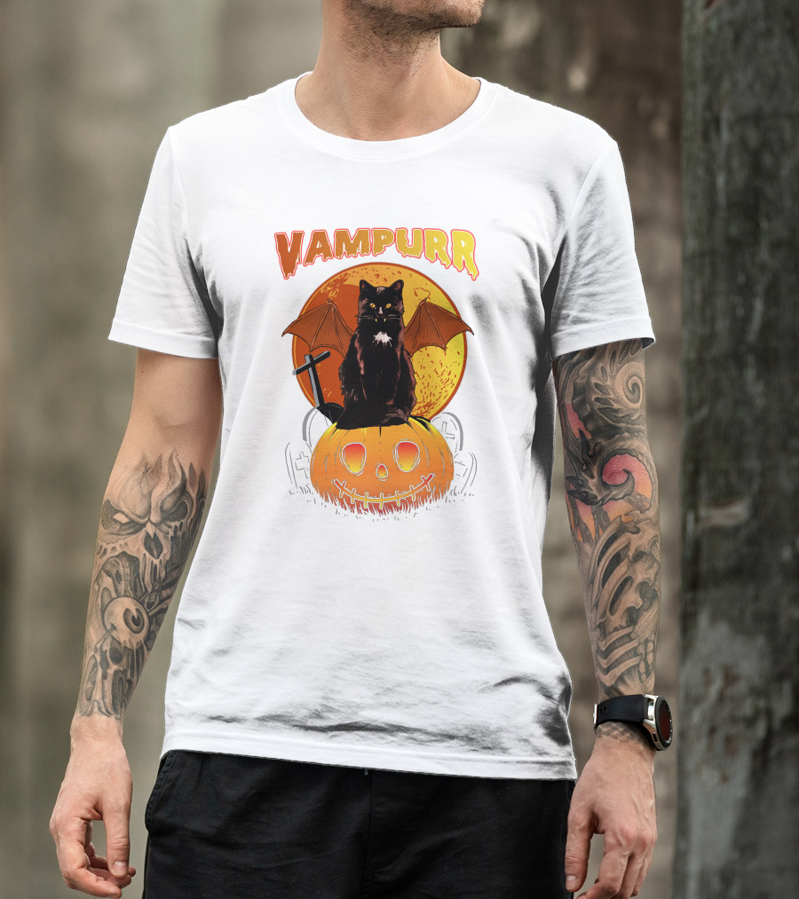 Vampurr Black Cat With Bat Wings And Pumpkin Halloween T-Shirt