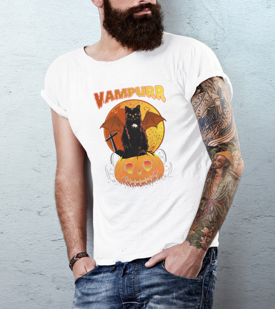 Vampurr Black Cat With Bat Wings And Pumpkin Halloween T-Shirt