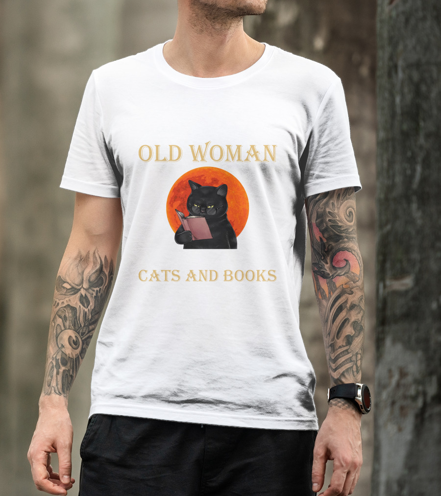 Old Woman Cats And Books Black Cat Reading Orange Moon T-Shirt