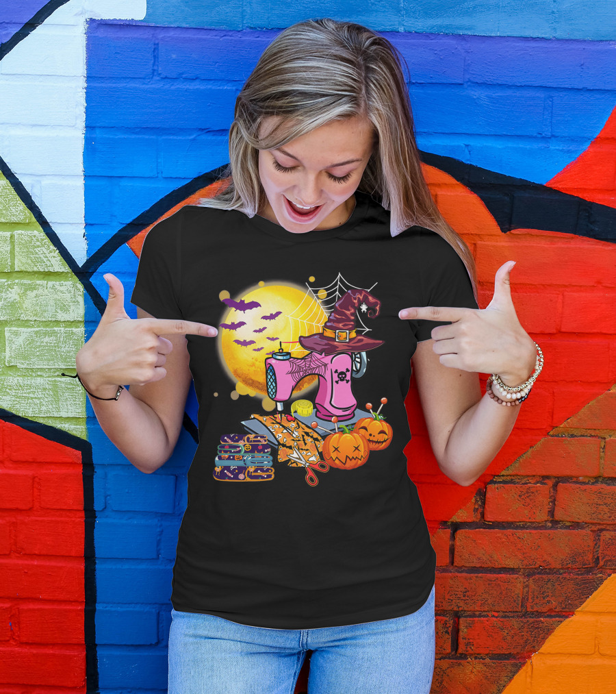 Sewing Machine Witch Hat Halloween Pumpkins Bats Moon T-Shirt