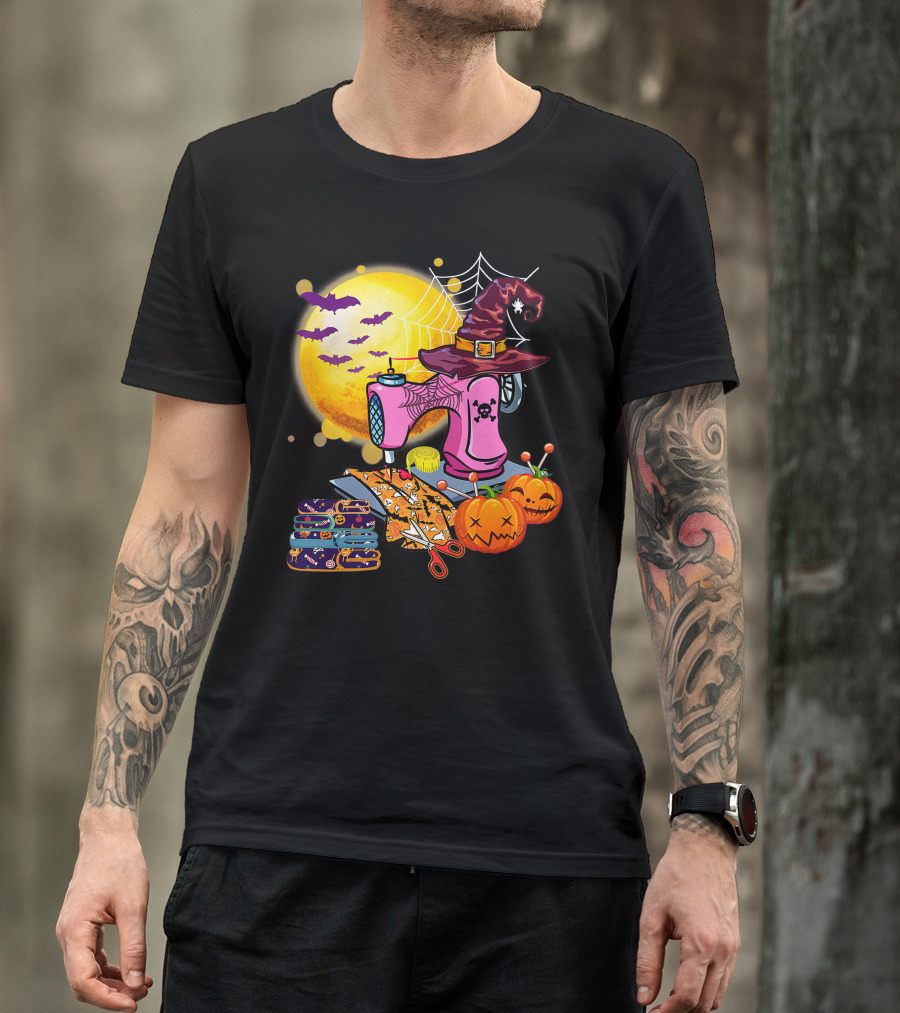 Sewing Machine Witch Hat Halloween Pumpkins Bats Moon T-Shirt