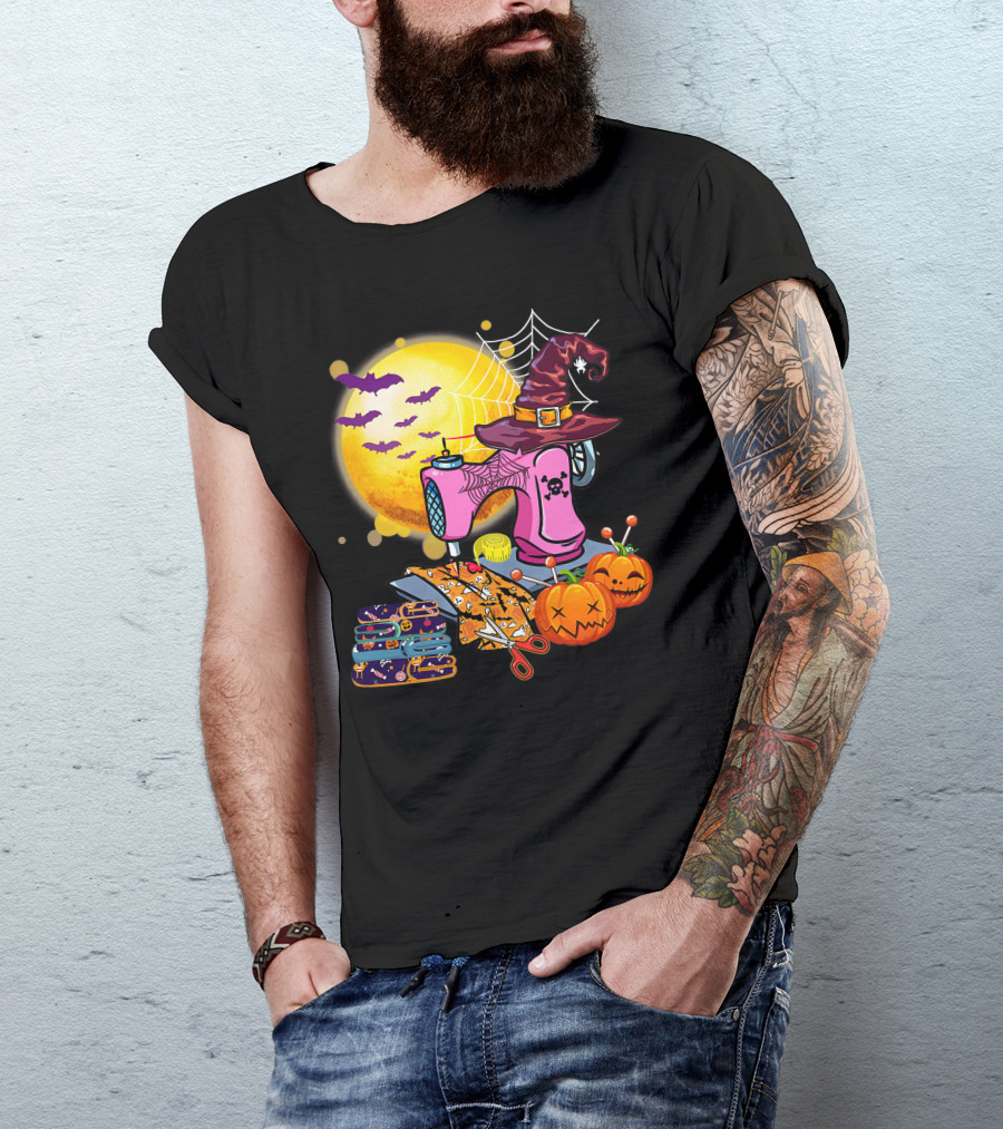 Sewing Machine Witch Hat Halloween Pumpkins Bats Moon T-Shirt