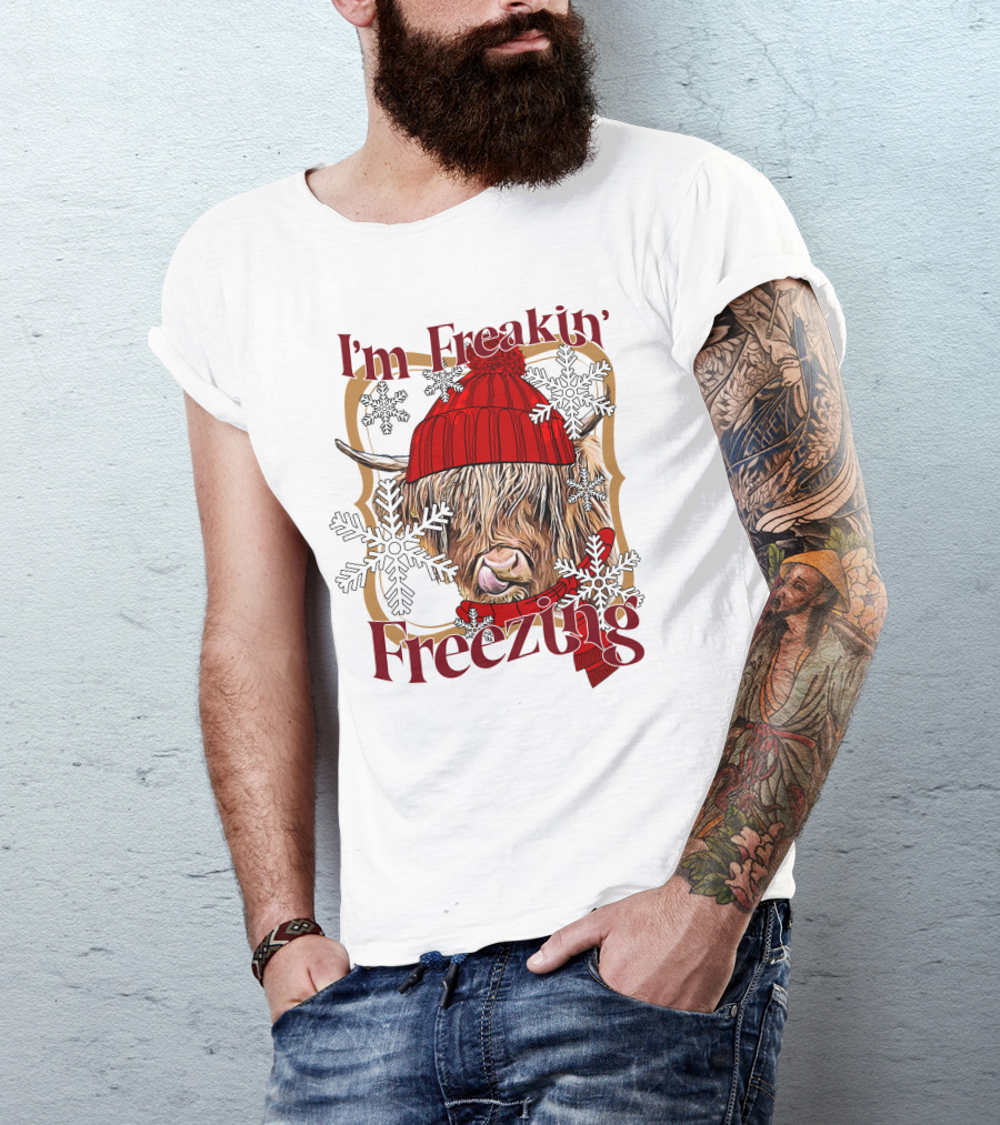 I'm Freakin' Freezing Highland Cow Snowflakes Winter T-Shirt