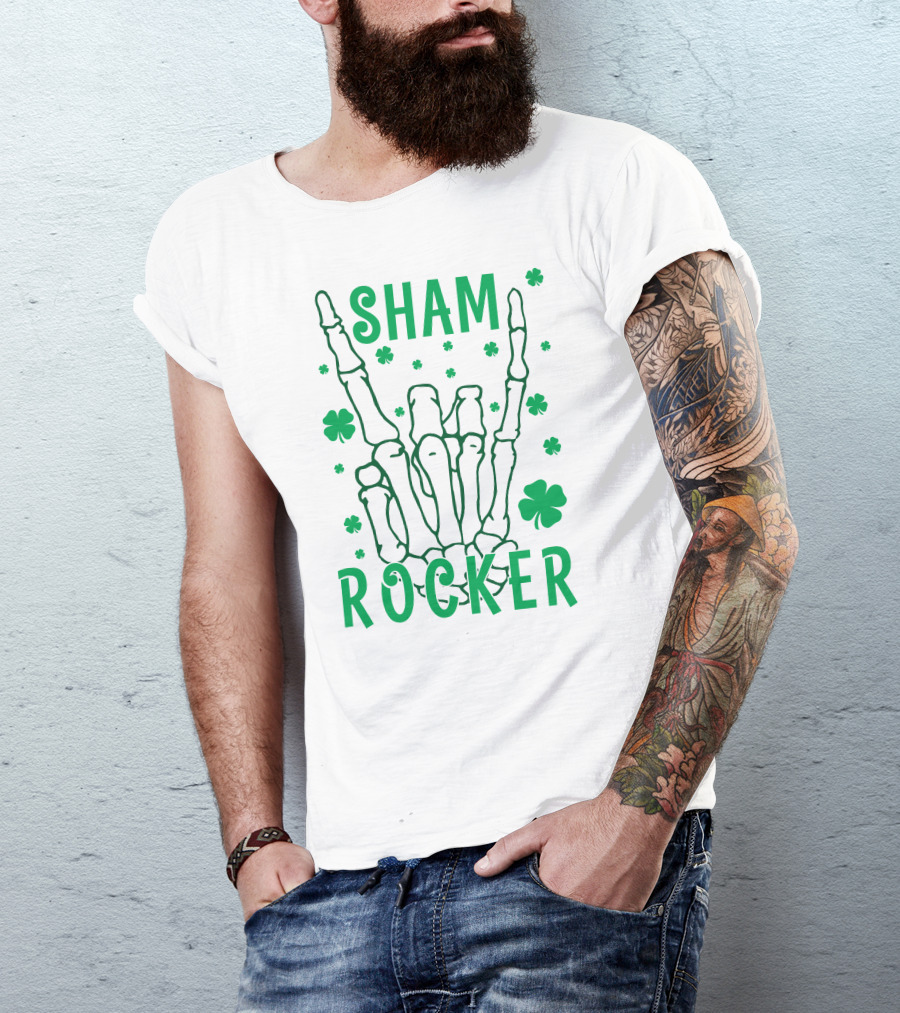 SHAM ROCKER Skeleton Hand With Shamrocks T-Shirt