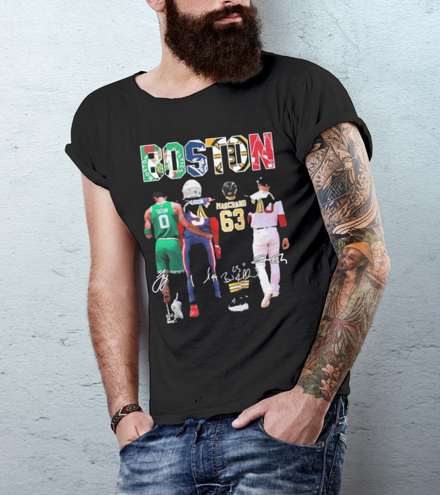 Boston Celtics Patriots Bruins Red Sox Tatum Iddon Marchand Signatures T-Shirt