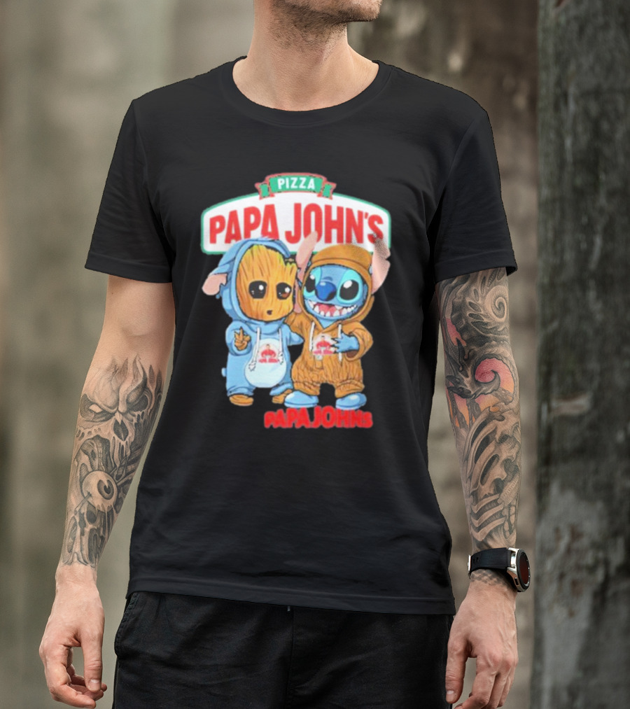Papa John's Pizza With Groot And Stitch Characters T-Shirt