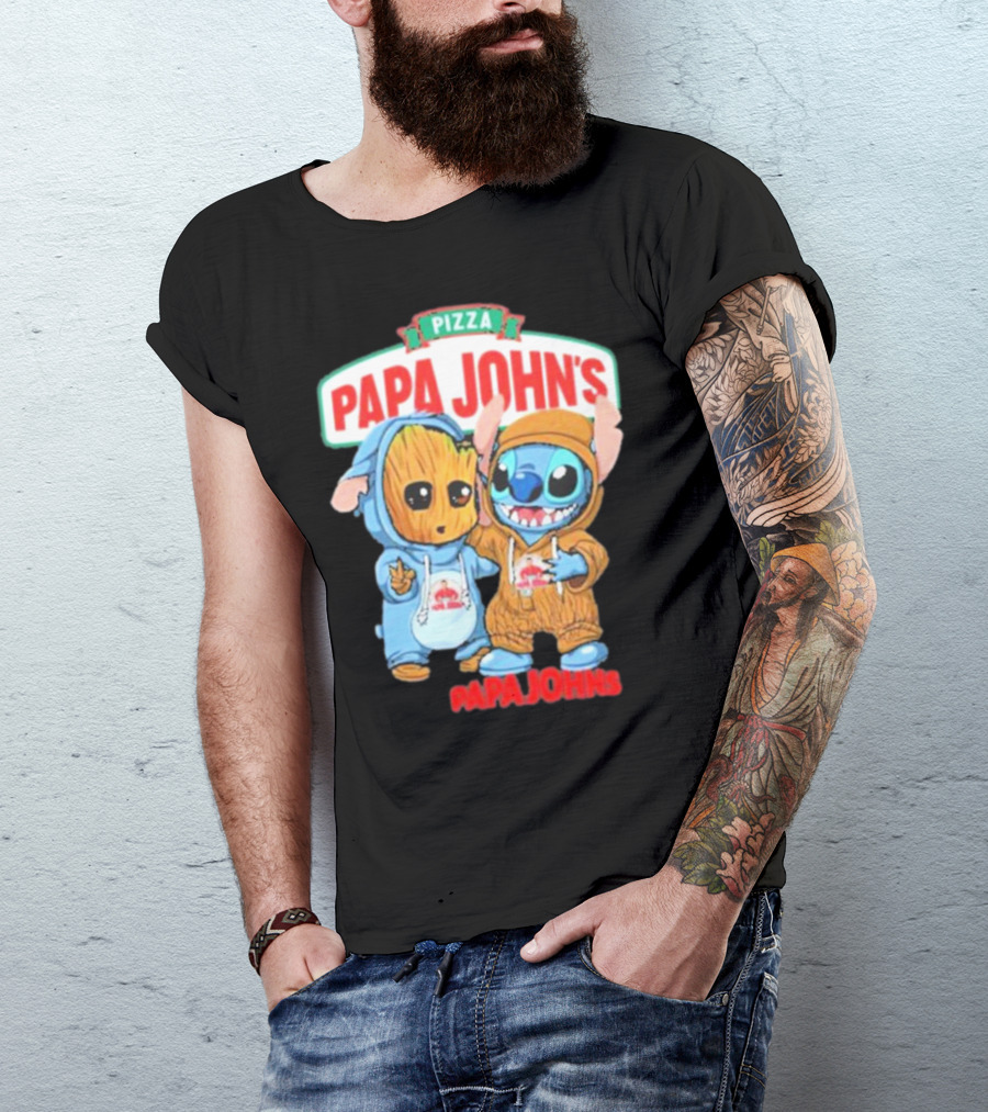 Papa John's Pizza With Groot And Stitch Characters T-Shirt