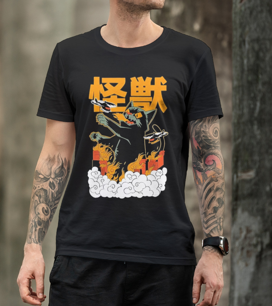 Kaiju No 8 Monster Cat Attack With Helicopters And Flames T-Shirt