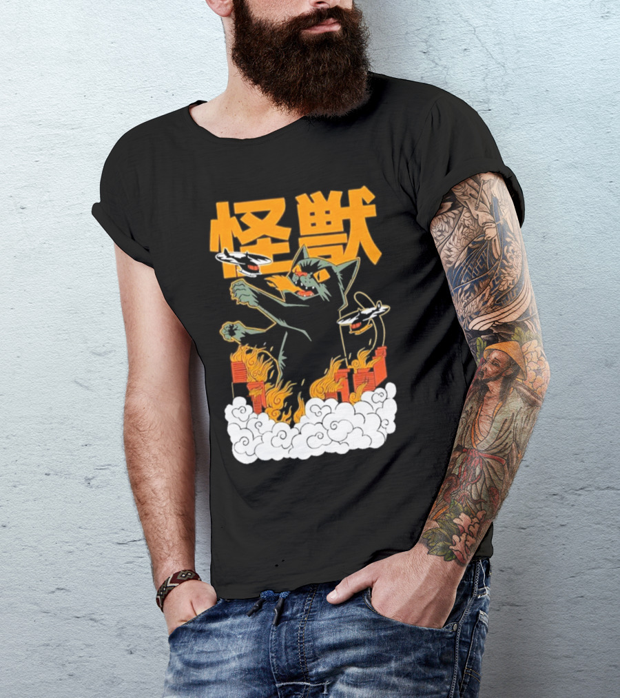Kaiju No 8 Monster Cat Attack With Helicopters And Flames T-Shirt