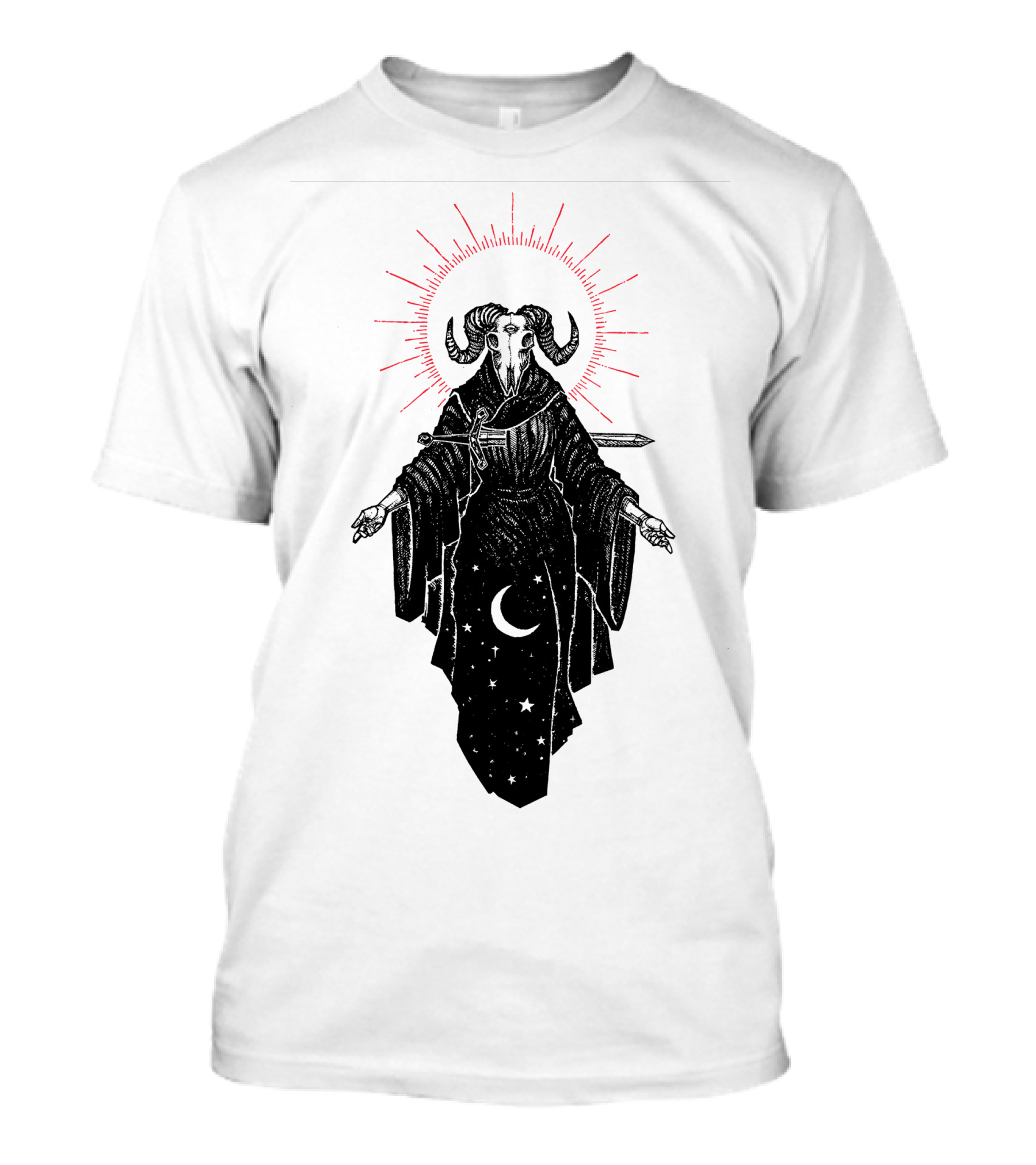 Micah Ulrich The Queen Of Swords Tarot Horned Figure Red Halo Crescent Moon Stars T-Shirt