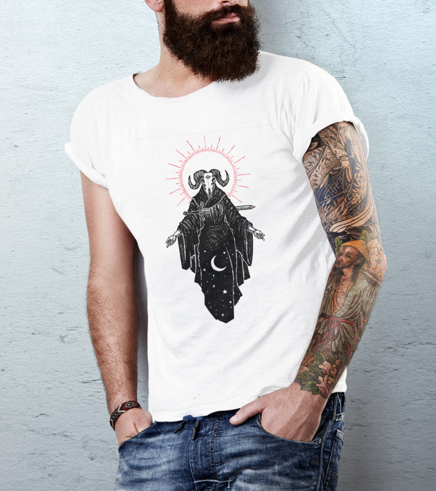 Micah Ulrich The Queen Of Swords Tarot Horned Figure Red Halo Crescent Moon Stars T-Shirt