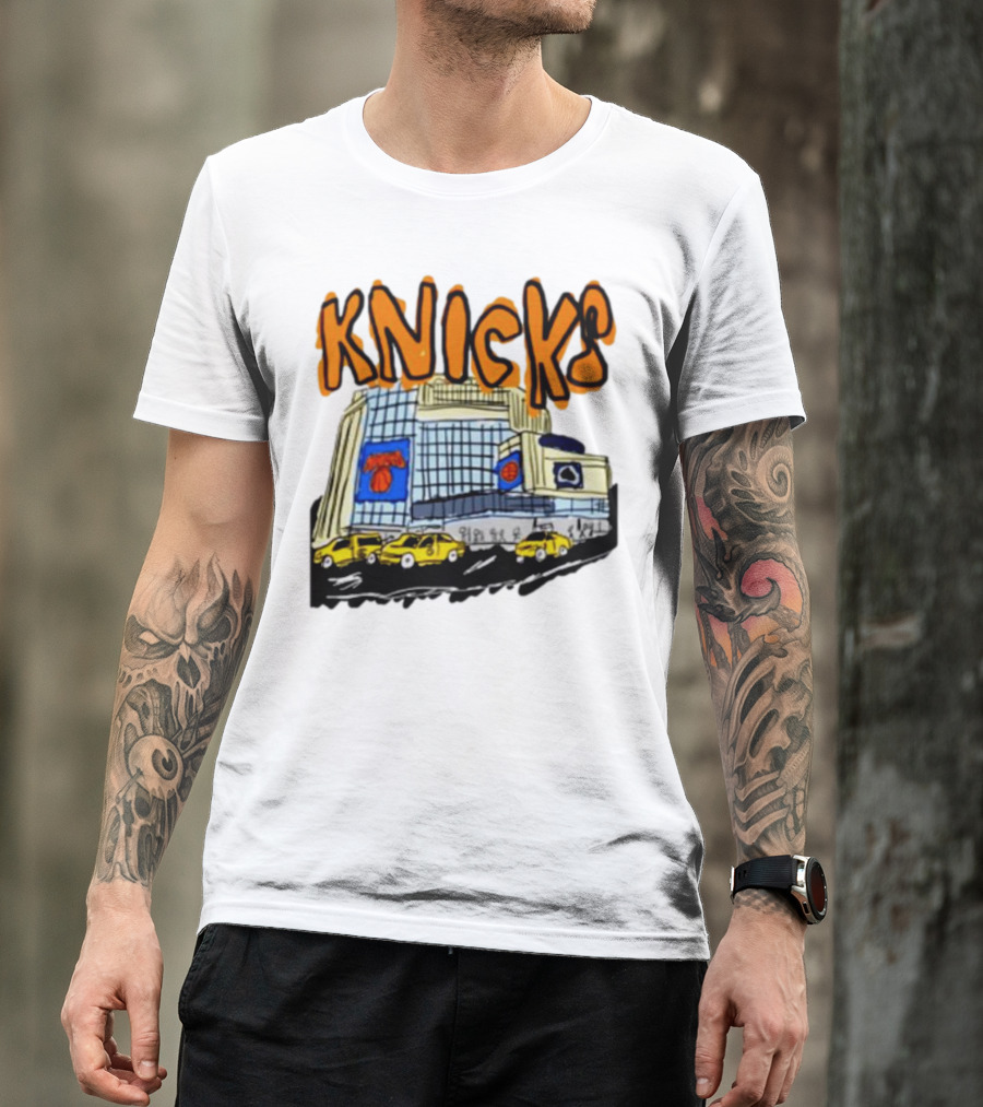 Knicks New York City Taxi Sketch With Arena Background T-Shirt