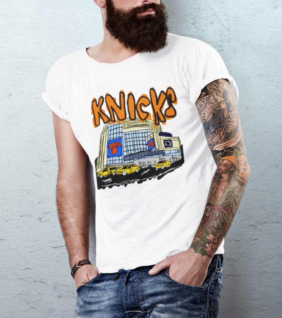Knicks New York City Taxi Sketch With Arena Background T-Shirt