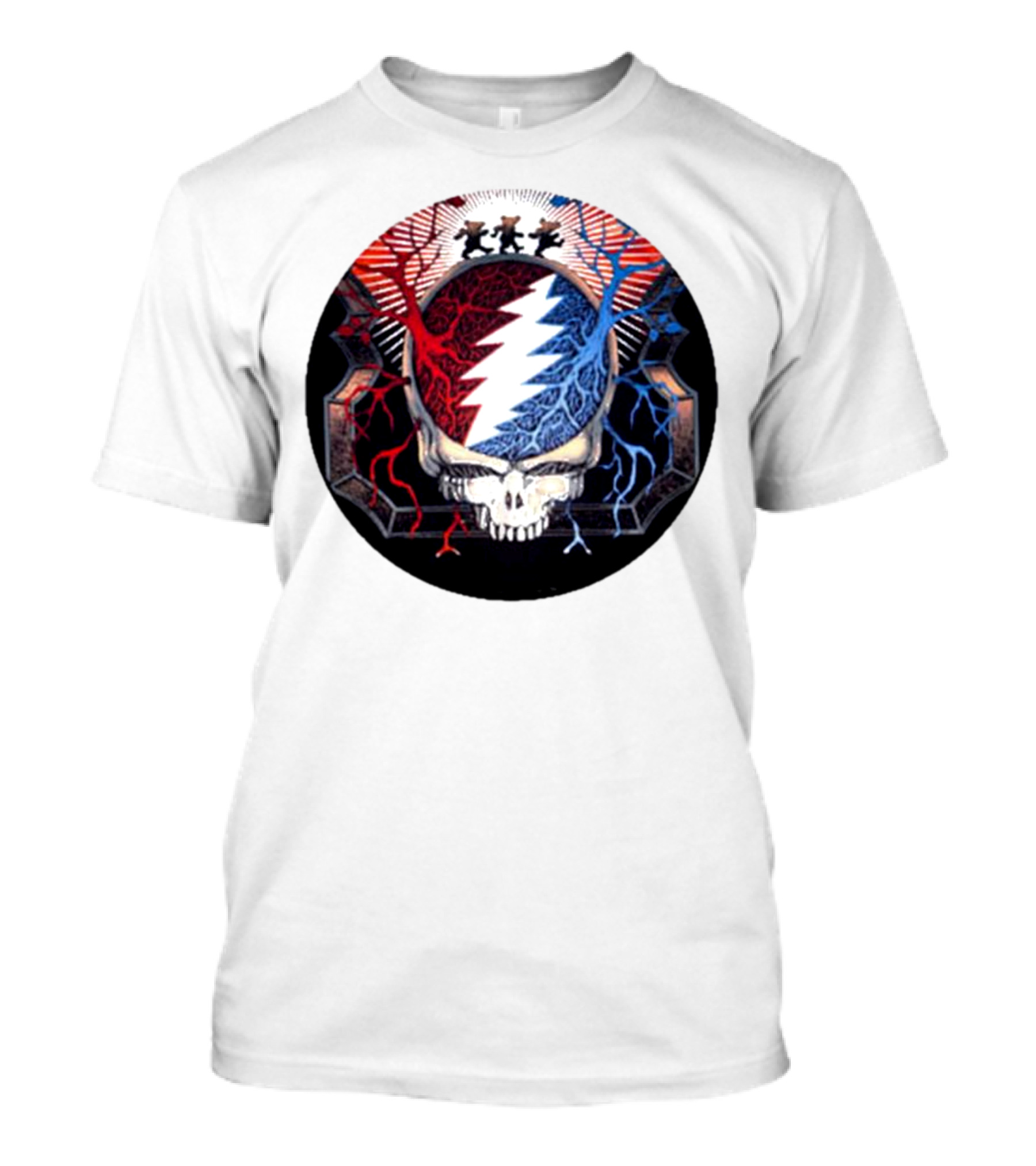 Grateful Dead Skull With Red And Blue Lightning Bear Trio T-Shirt