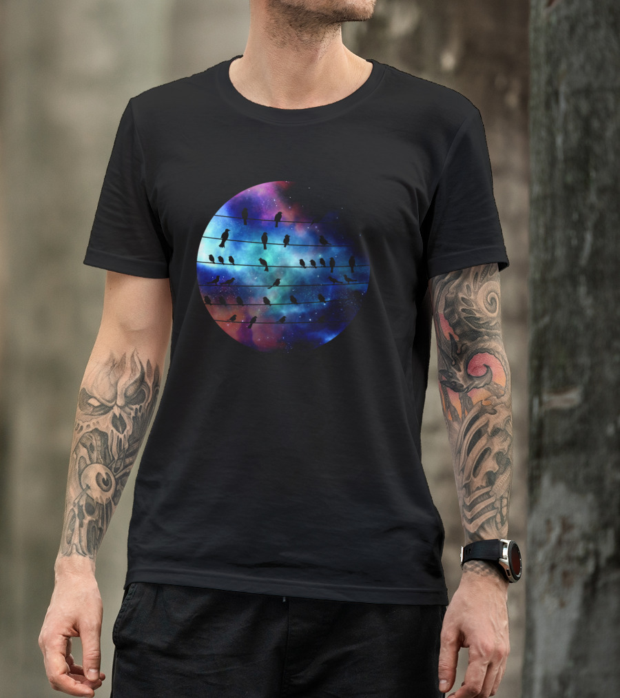 Birds On A Wire Cosmic Galaxy Silhouette In Space T-Shirt