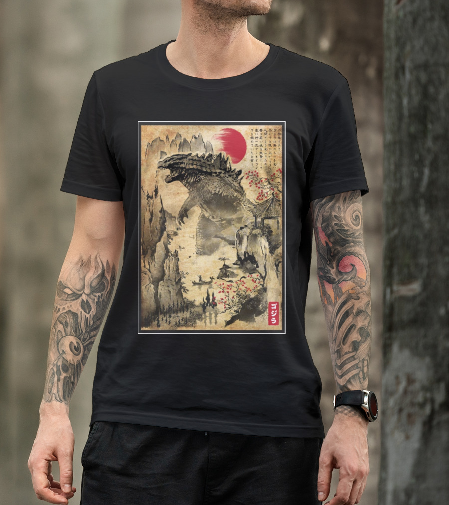Gojira Japanese Woodblock Ukiyo-e Style With Red Sun And Cherry Blossoms T-Shirt