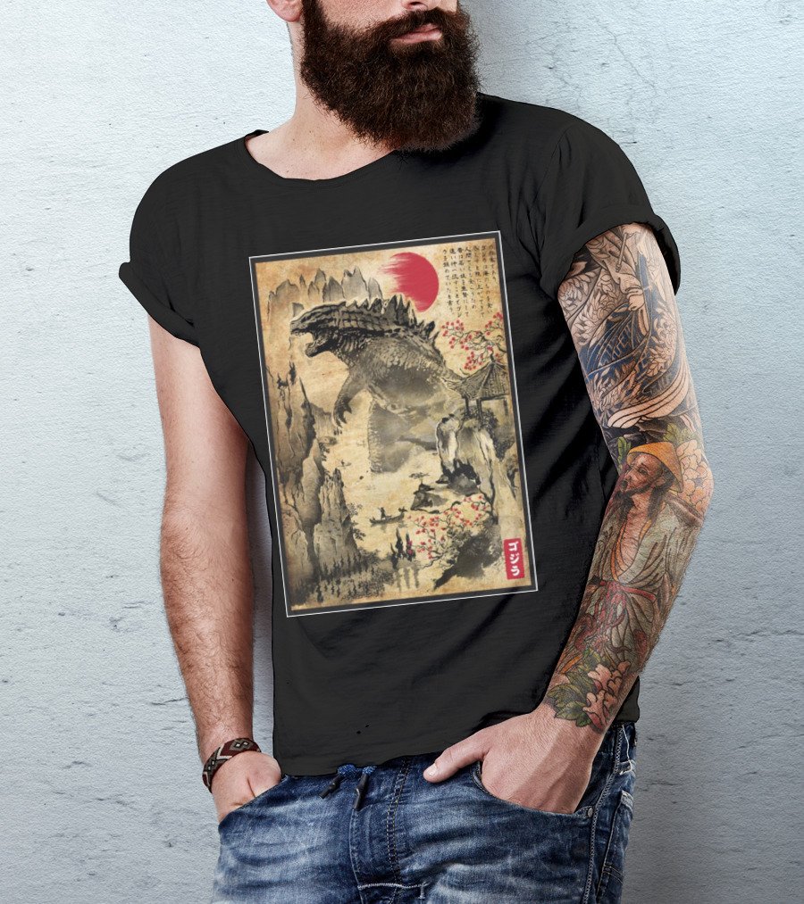 Gojira Japanese Woodblock Ukiyo-e Style With Red Sun And Cherry Blossoms T-Shirt