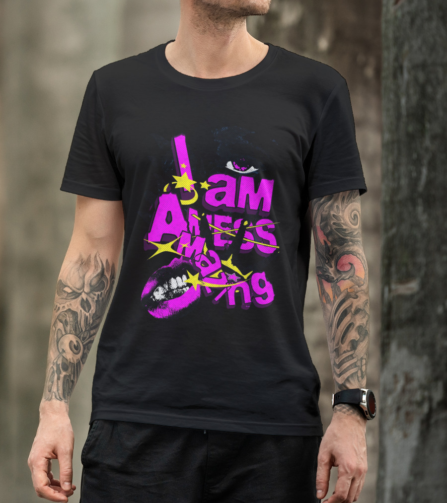 I Am Amazing Bold Eye And Lips Starburst Pink And Yellow T-Shirt
