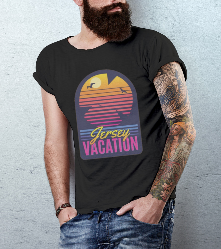 Jersey Vacation Retro Sunset Beach Scene With Birds And Stripes T-Shirt
