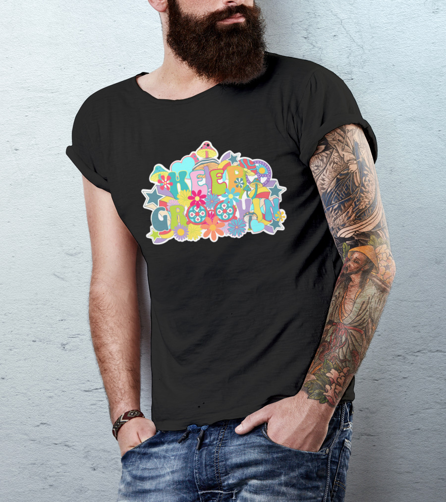 KEEP GROOVIN Psychedelic Flowers And Stars Retro Vibes T-Shirt