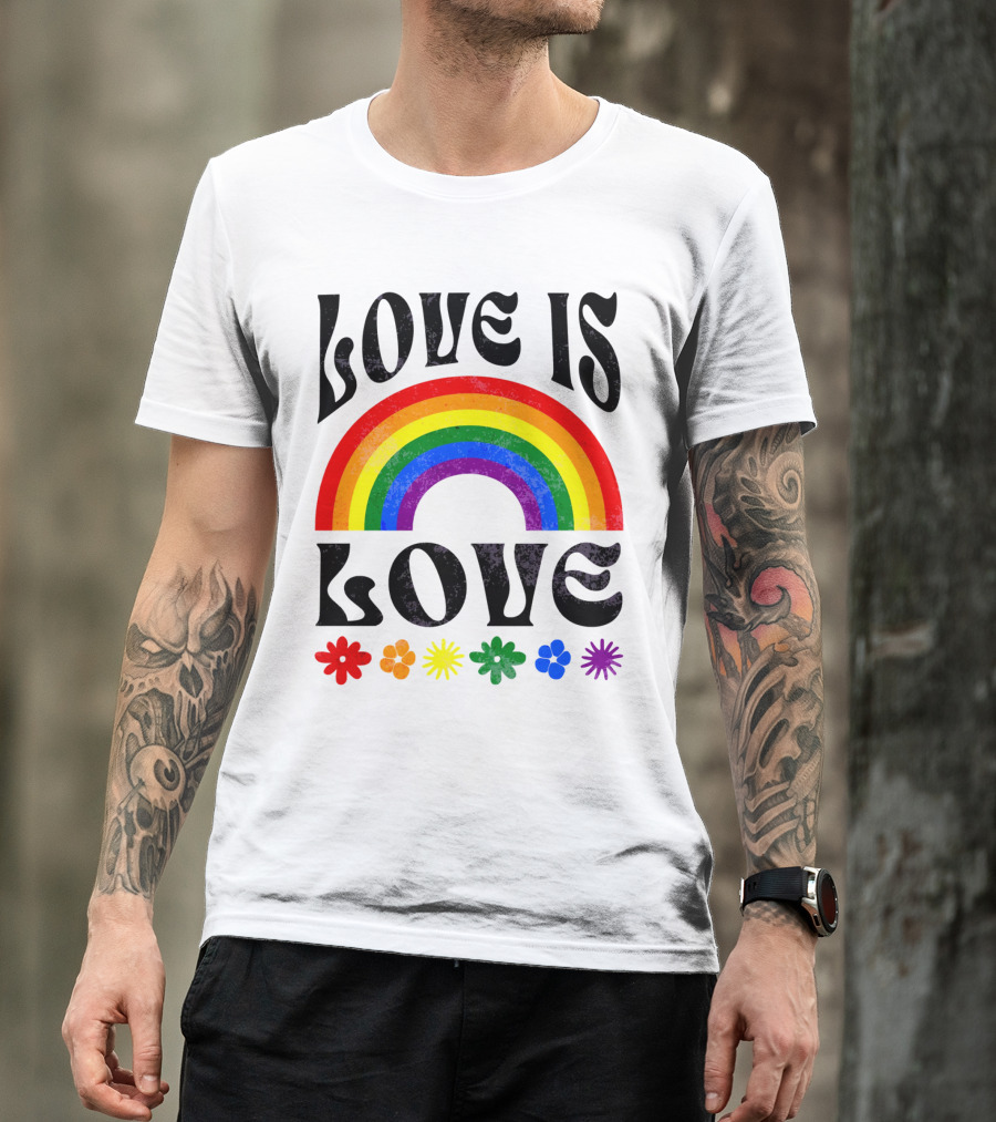 Love Is Love Rainbow Pride With Colorful Flowers T-Shirt
