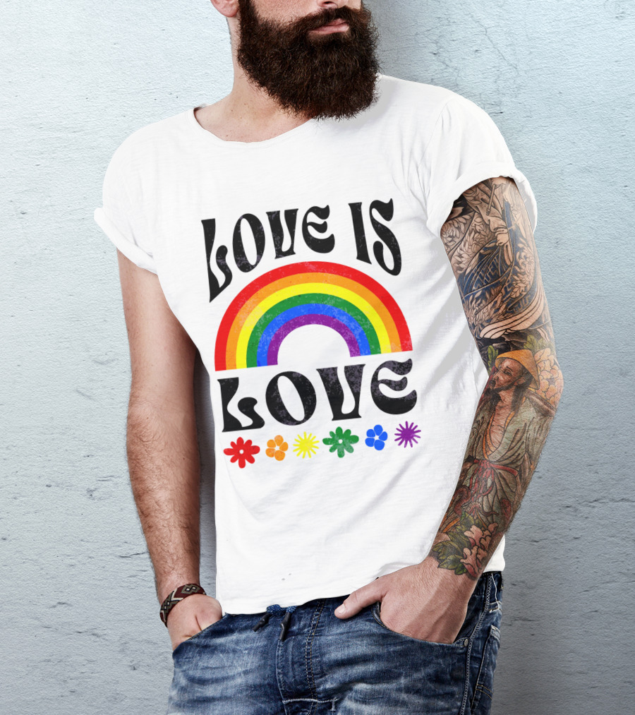 Love Is Love Rainbow Pride With Colorful Flowers T-Shirt