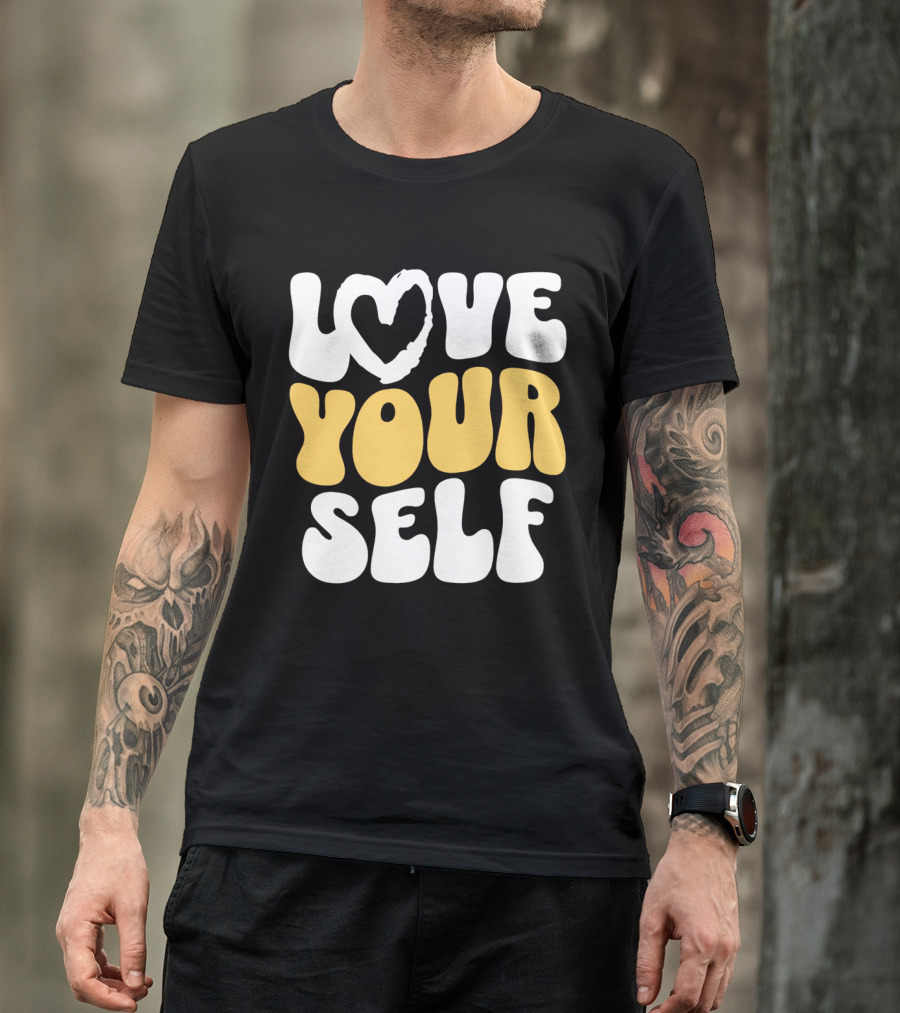 Love Your Self Heart Wavy Typography T-Shirt