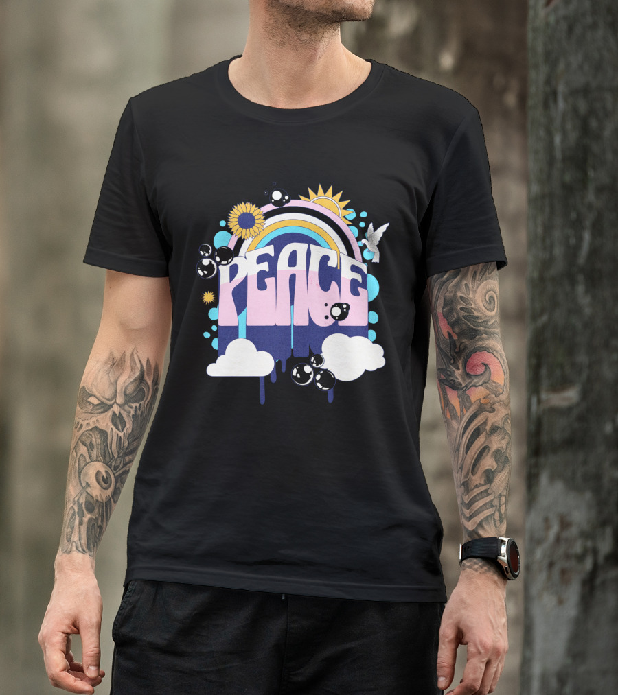 Peace Colorful Rainbow Sunflower Clouds Dove And Good Vibes T-Shirt