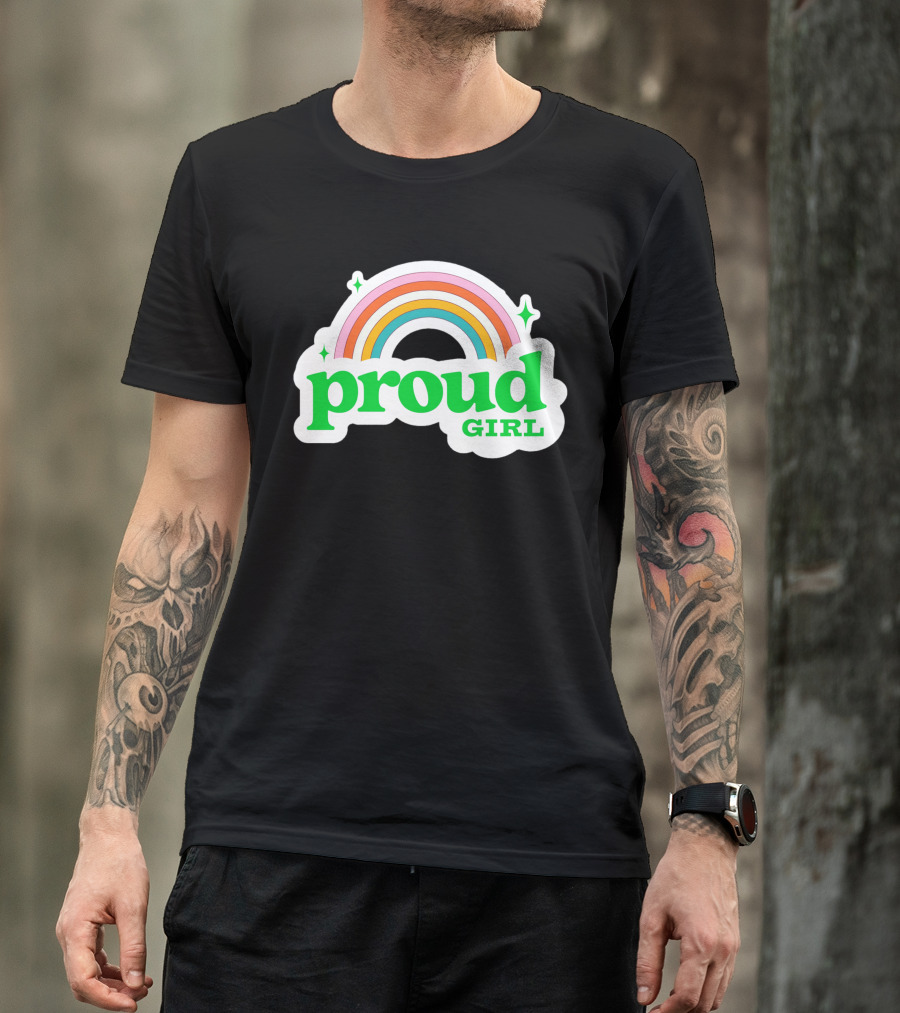 Proud Girl Green Text Rainbow With Sparkles T-Shirt