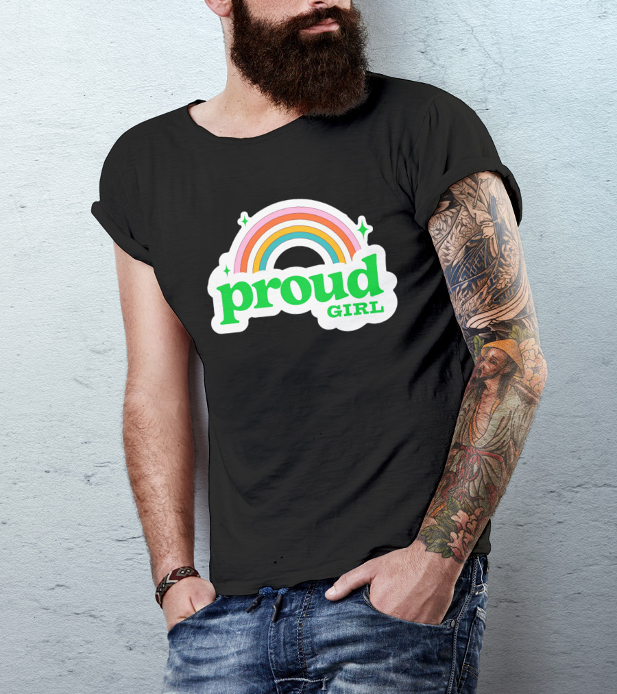 Proud Girl Green Text Rainbow With Sparkles T-Shirt