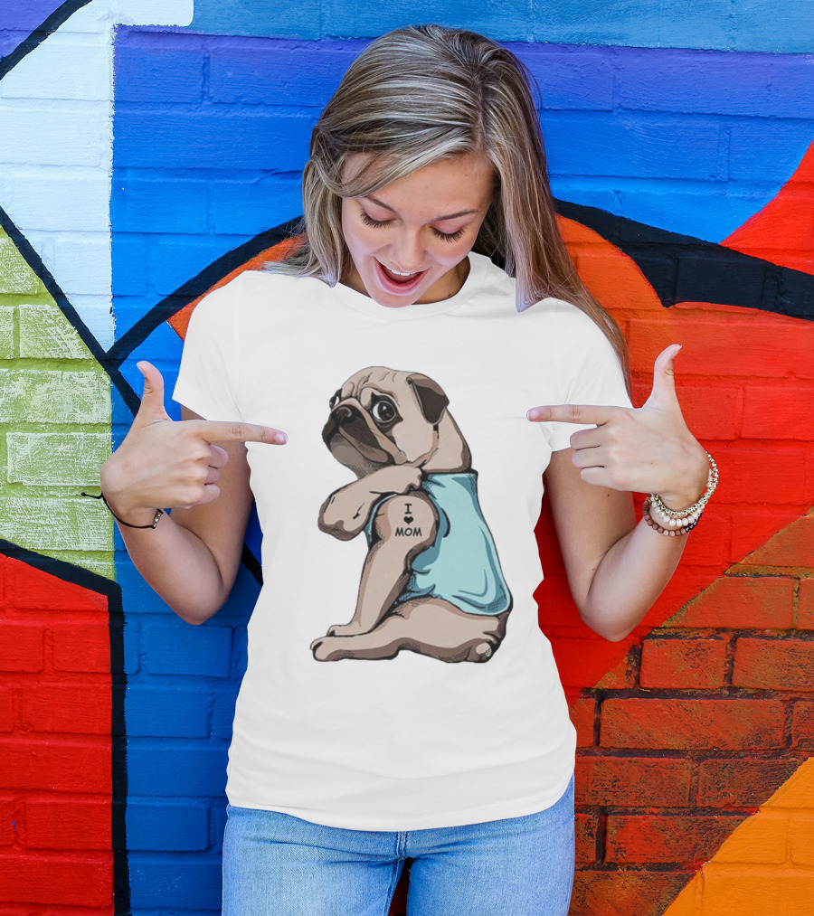 Pug I Love Mom Tattoo Blue T-Shirt