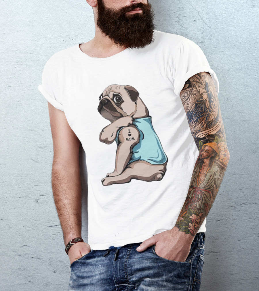 Pug I Love Mom Tattoo Blue T-Shirt