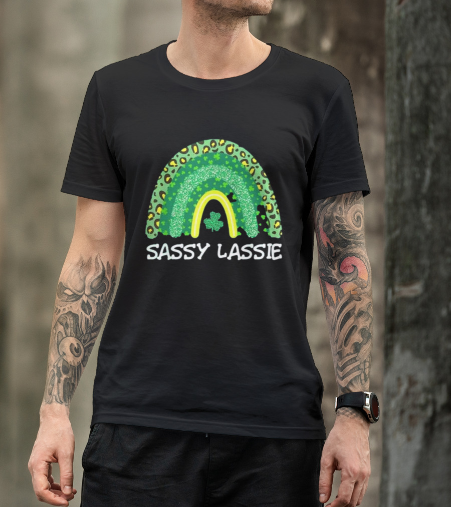 St Patricks Day Women Funny Sassy Lassie Leopard Rainbow Shamrock T-Shirt
