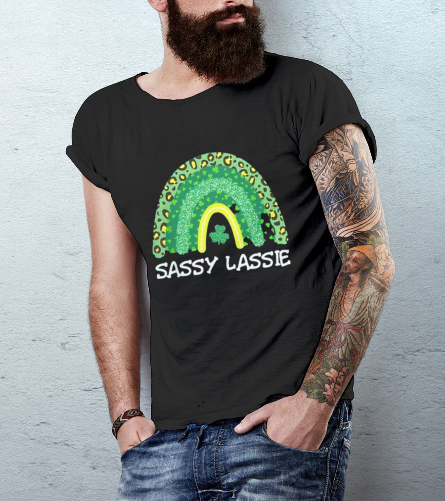 St Patricks Day Women Funny Sassy Lassie Leopard Rainbow Shamrock T-Shirt