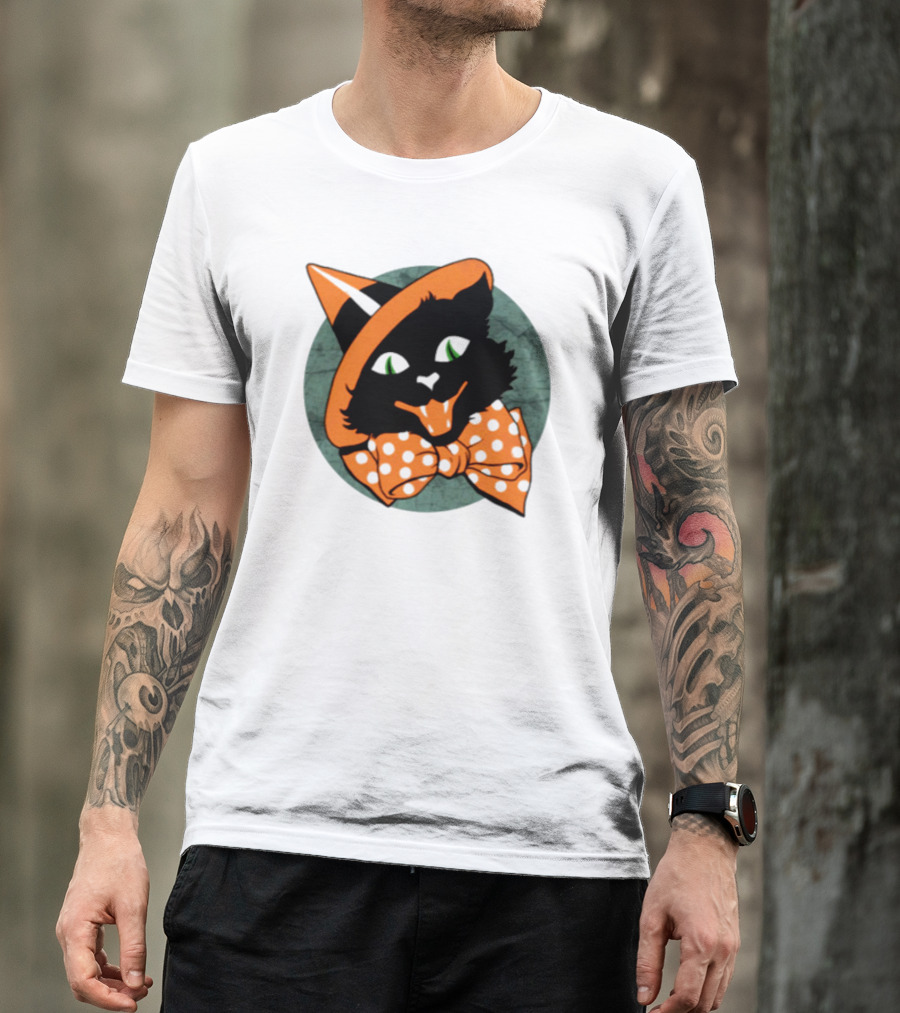 Halloween Black Cat Vintage Witch Hat Polka Dot Bow Tie T-Shirt